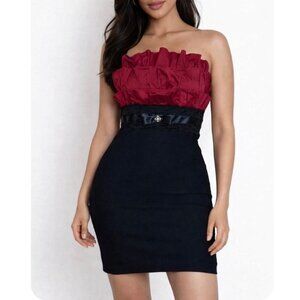 Papaya Maroon and black ruffle top sleeveless bodycon belted dress SZ SM